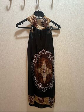 Backless Black and Brown Halter Dress with Ornate Pattern